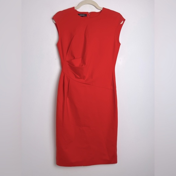 Lafayette 148 New York Red Orange Cape Sleeve Ruched Side Sheath Dress Size 4 - Picture 2 of 9